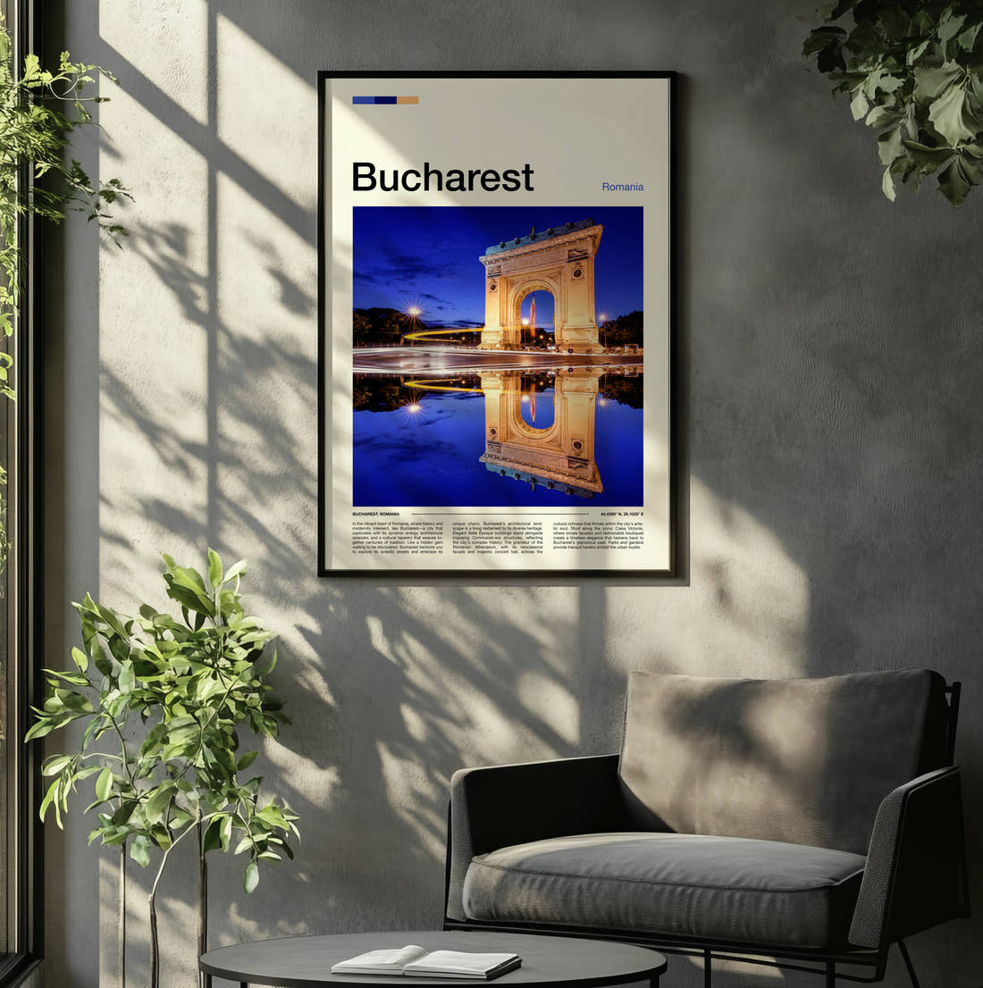 Bucharest Arch Of Triumph Travel Print framed on the wall of a relaxed living room