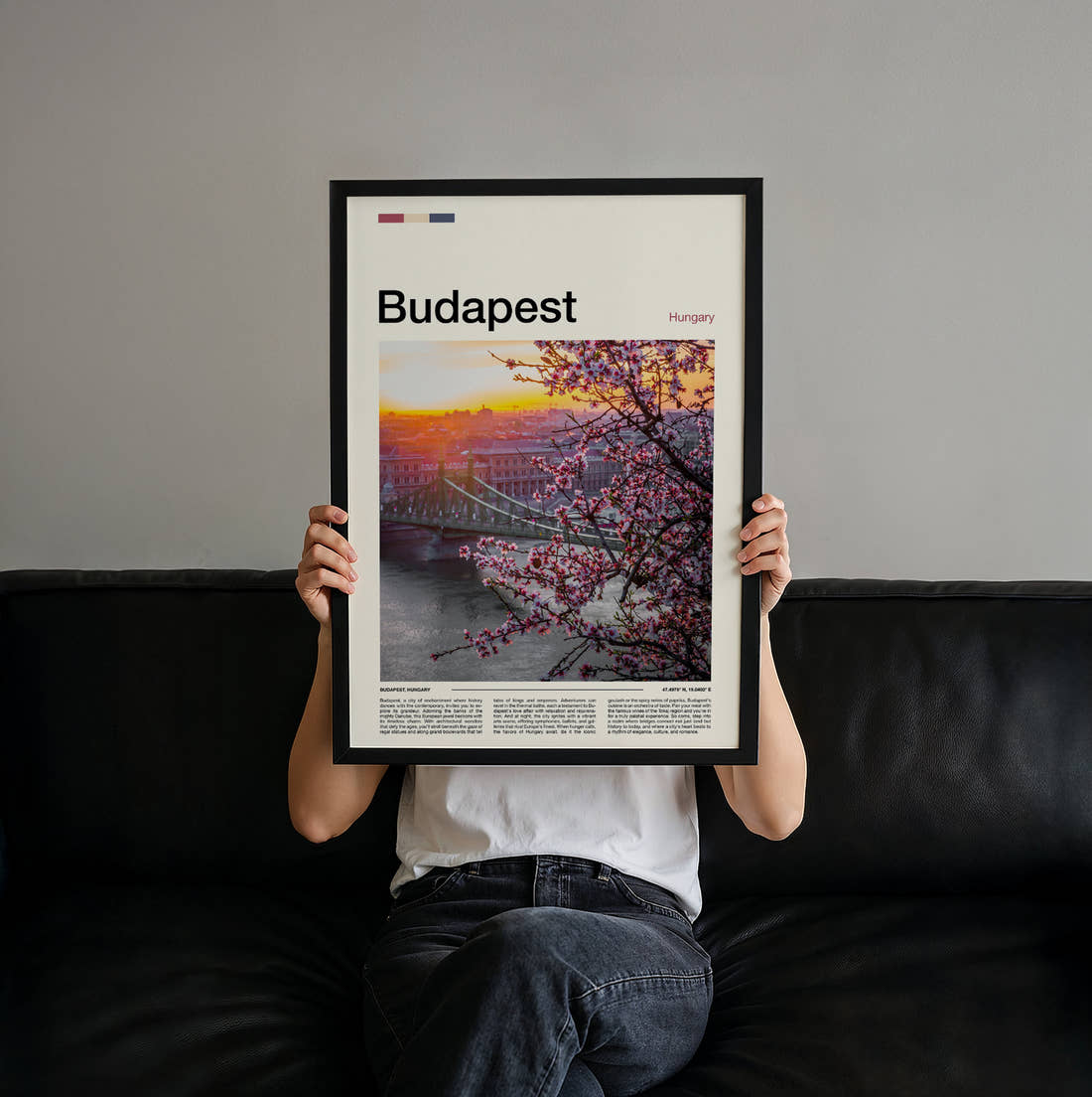 Budapest Chain Bridge And Blossoms Travel Print held up by hand to show the size of the print