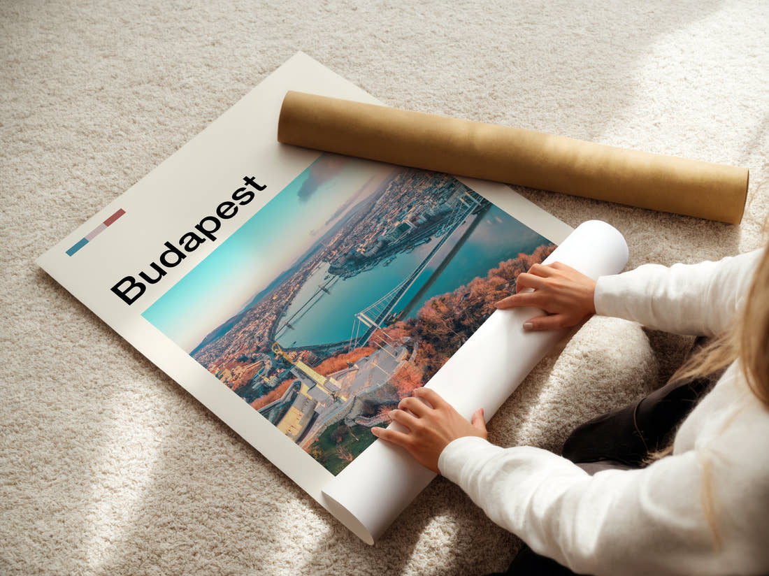 Budapest Bridges Over The River Travel Print being unrolled from its postal tube