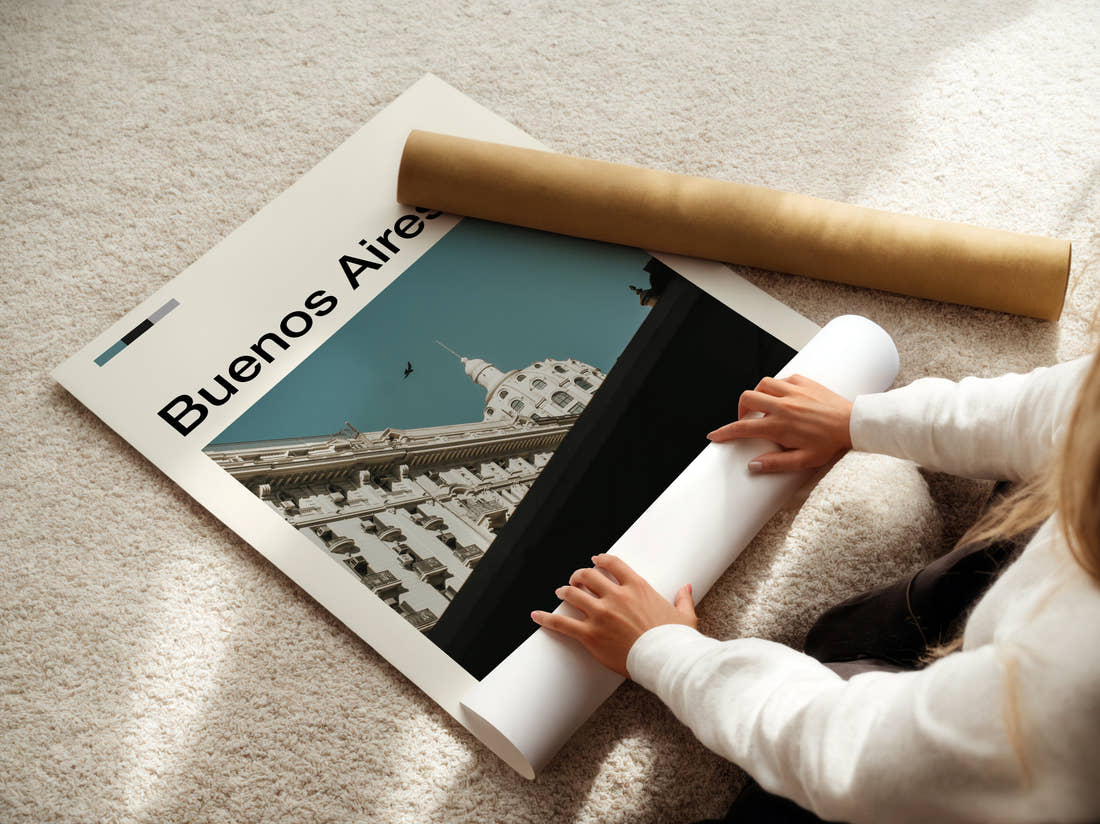 Buenos Aires Domed Building And Birds Travel Print being unrolled from its postal tube
