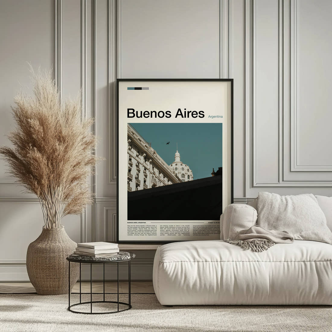 Buenos Aires Domed Building And Birds Travel Print framed on the wall of a calm, neutral bedroom