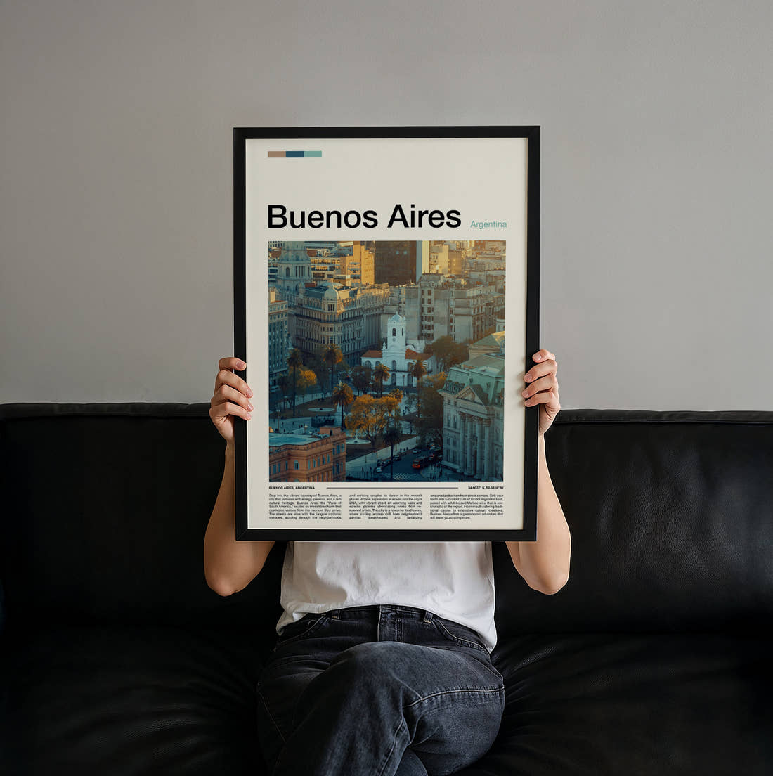 Buenos Aires Aerial View Of The City Travel Print held up by hand to show the size of the print