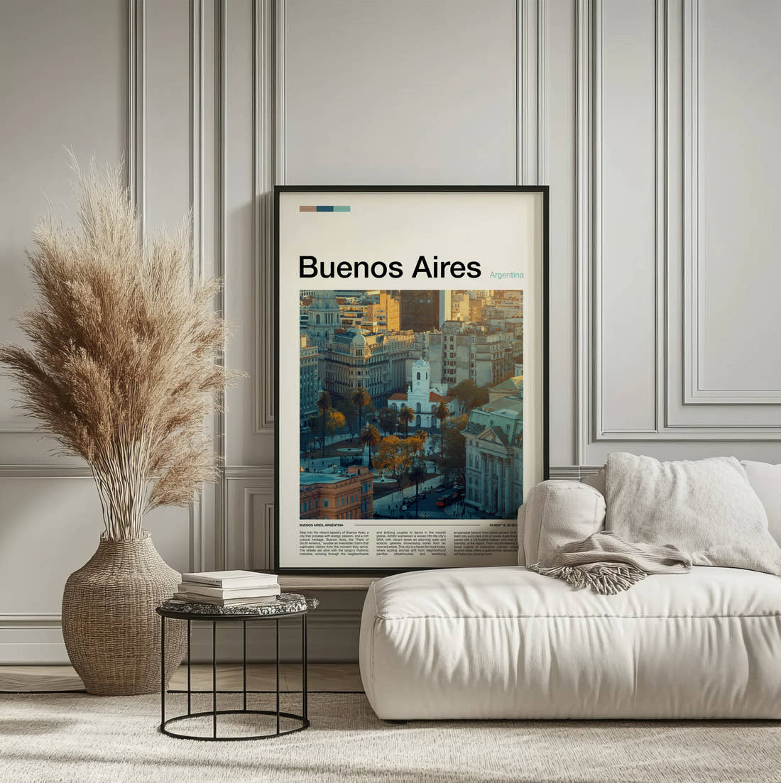 Buenos Aires Aerial View Of The City Travel Print framed on the wall of a calm, neutral bedroom