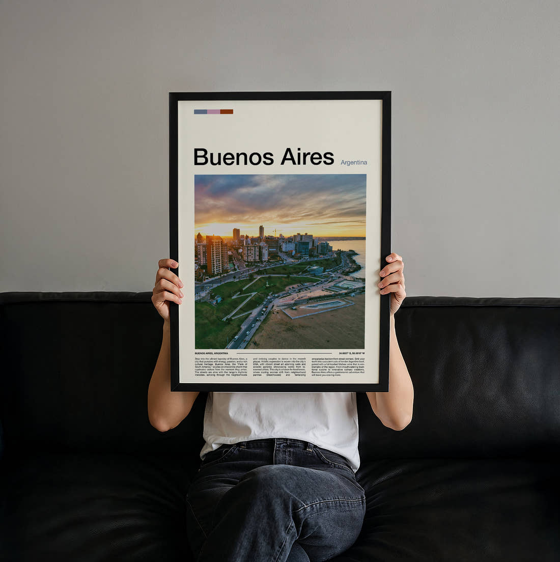 Buenos Aires Waterfront At Sunset Travel Print held up by hand to show the size of the print