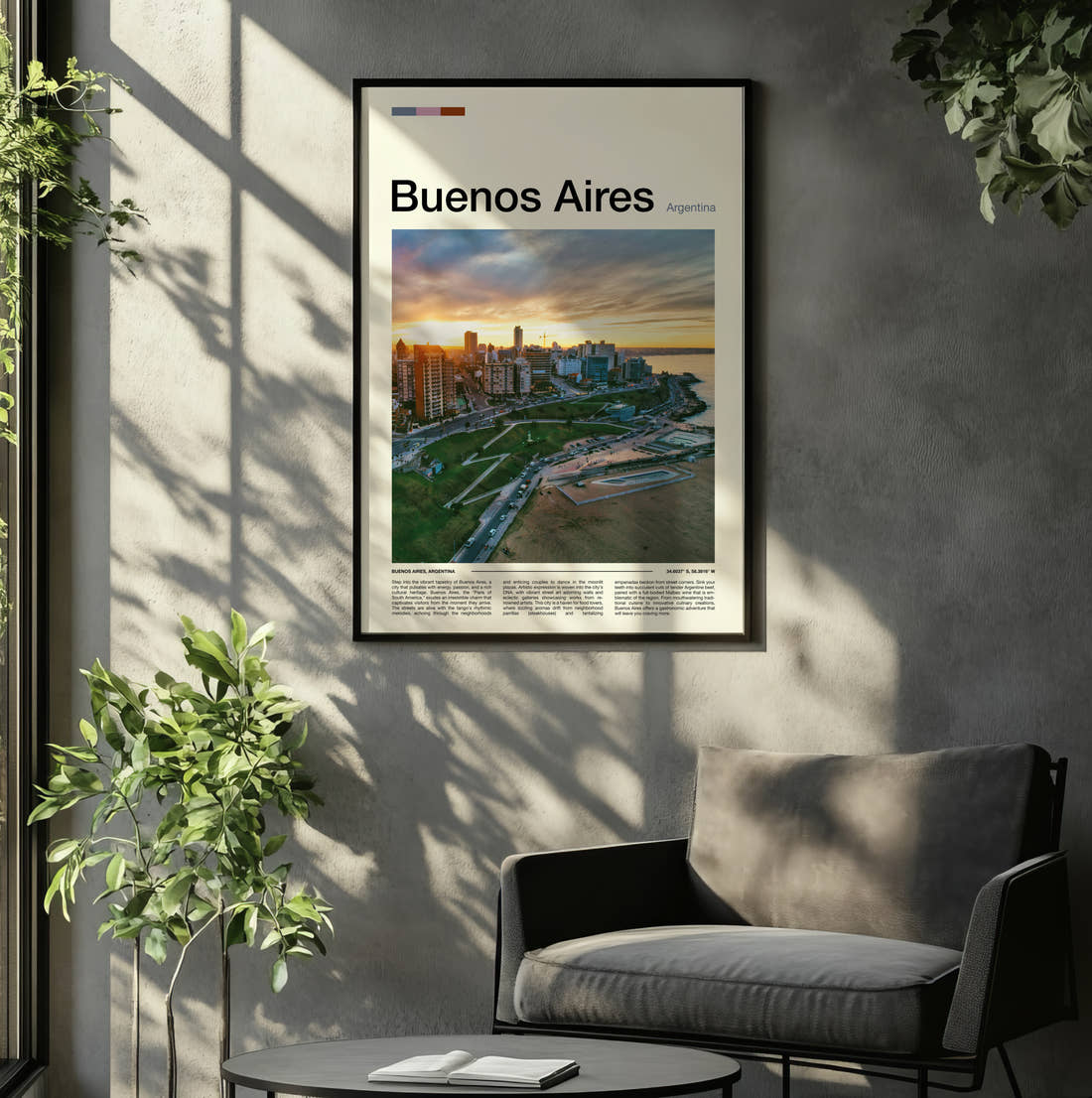 Buenos Aires Waterfront At Sunset Travel Print framed on the wall of a relaxed living room