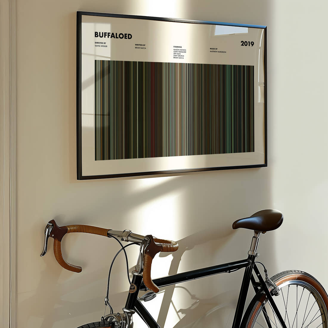 Buffaloed Movie Barcode Poster framed on the wall of a styled room setting