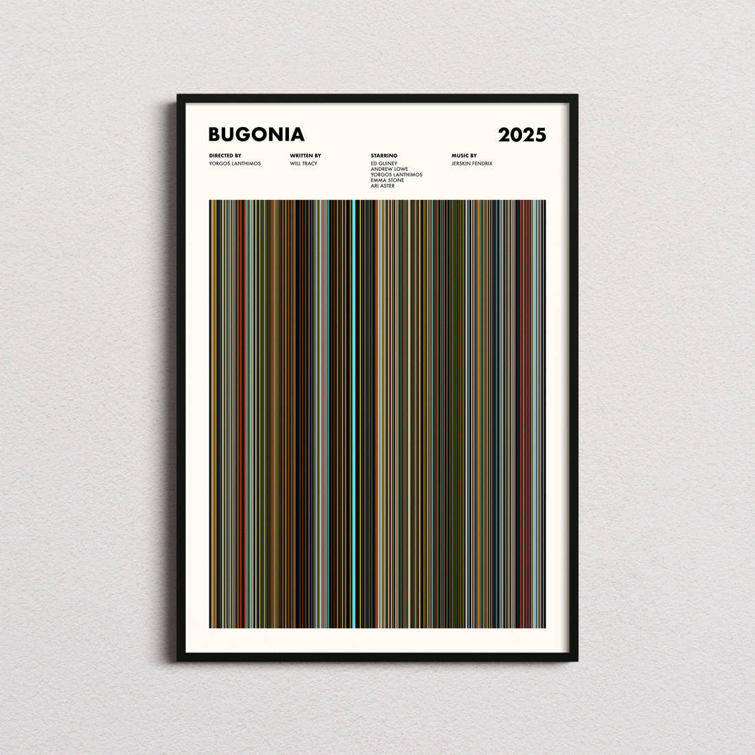 Bugonia Movie Barcode Poster framed on a plain studio wall