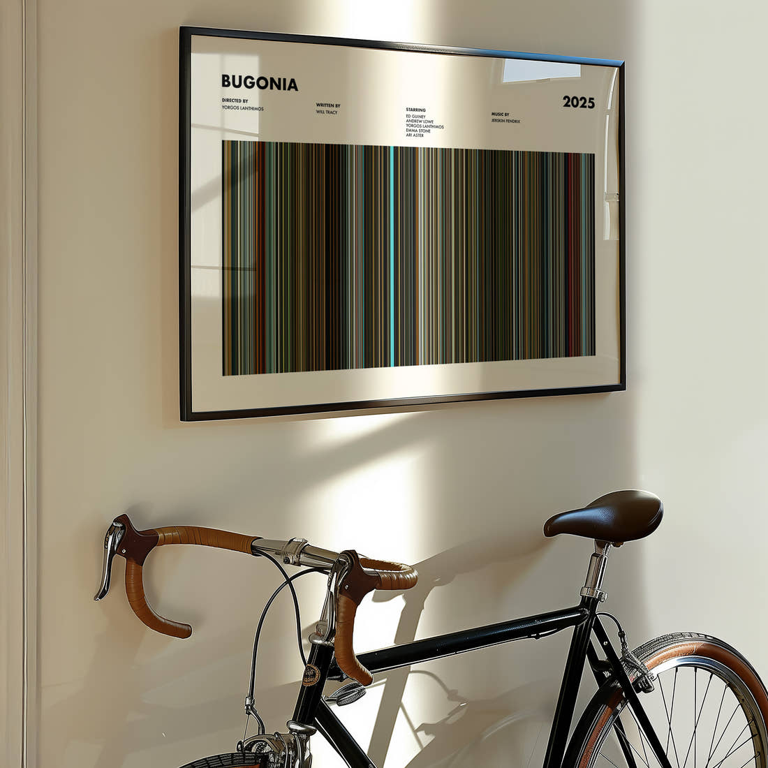 Bugonia Movie Barcode Poster framed on the wall of a styled room setting