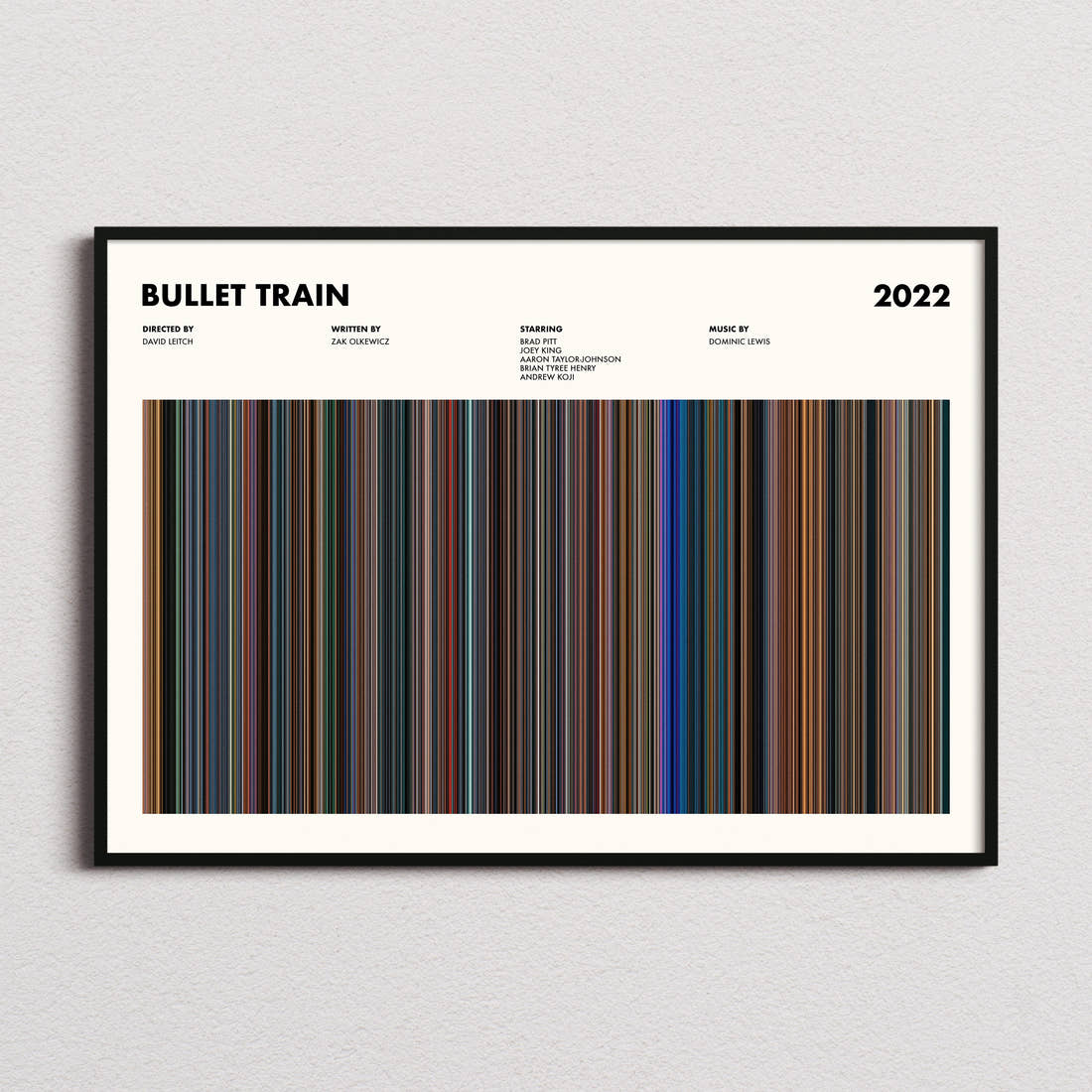 Bullet Train Movie Barcode Poster framed and photographed straight on