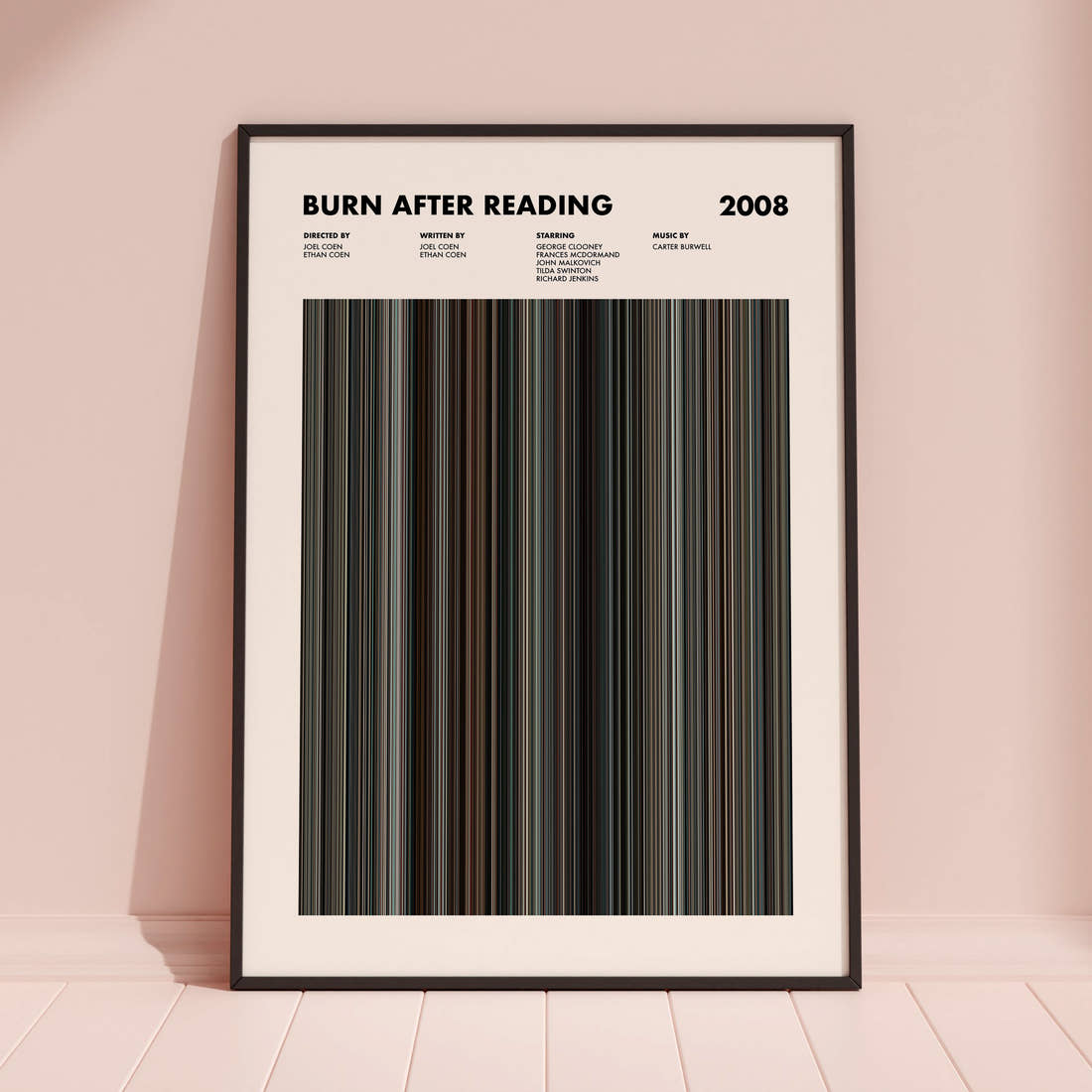 Burn After Reading Movie Barcode Poster framed and leaning against a coloured wall