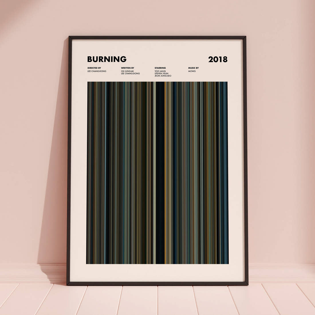 Burning Movie Barcode Poster framed and leaning against a coloured wall