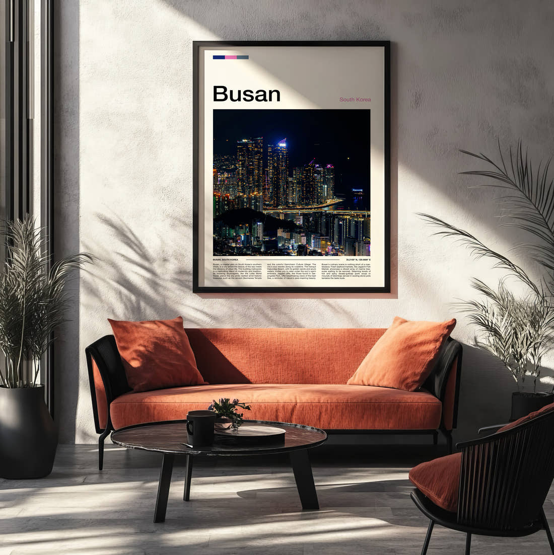 Busan Night Skyline Travel Print framed on the wall of a modern living room
