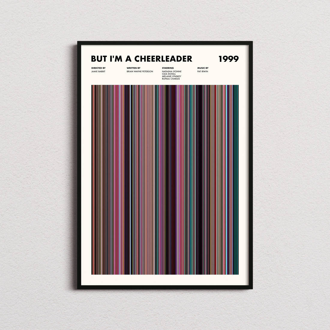 But I'm a Cheerleader Movie Barcode Poster framed on a plain studio wall