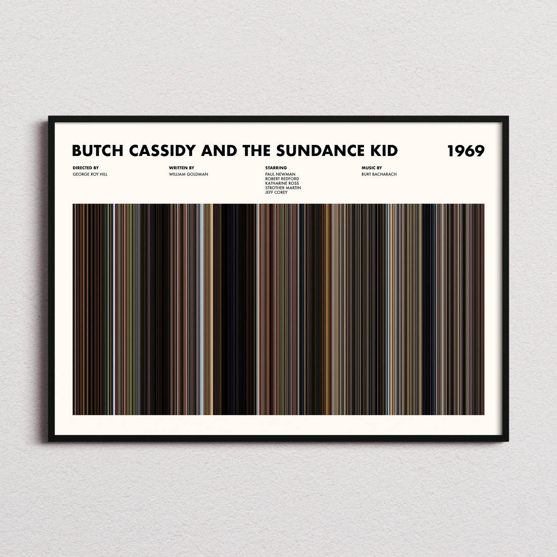 Butch Cassidy and the Sundance Kid Movie Barcode Poster framed and photographed straight on