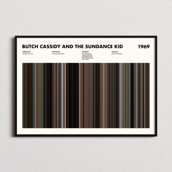 Butch Cassidy and the Sundance Kid Movie Barcode Poster framed and photographed straight on