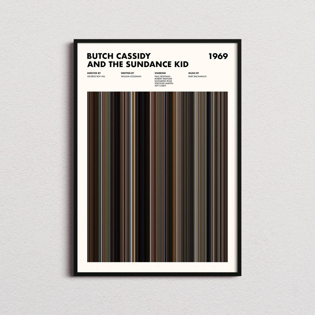 Butch Cassidy and the Sundance Kid Movie Barcode Poster framed on a plain studio wall
