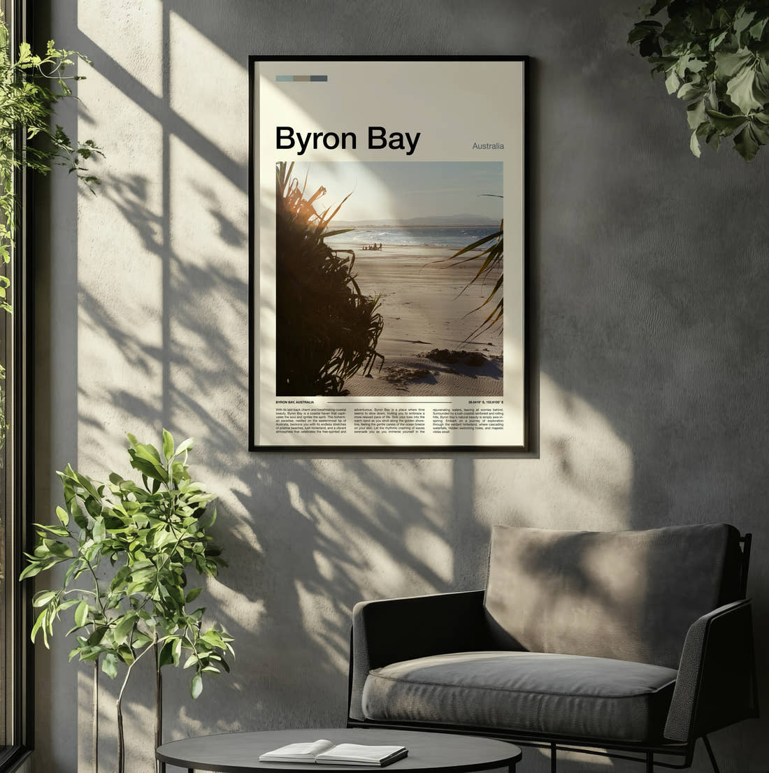 Byron Bay Beach Through Palm Leaves Travel Print framed on the wall of a relaxed living room