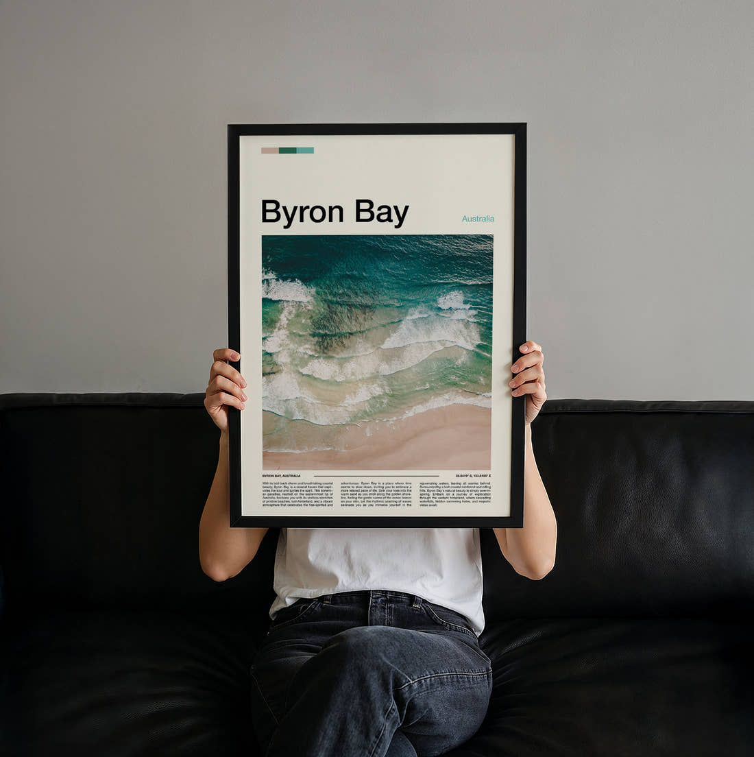 Byron Bay Waves On The Shore Travel Print held up by hand to show the size of the print