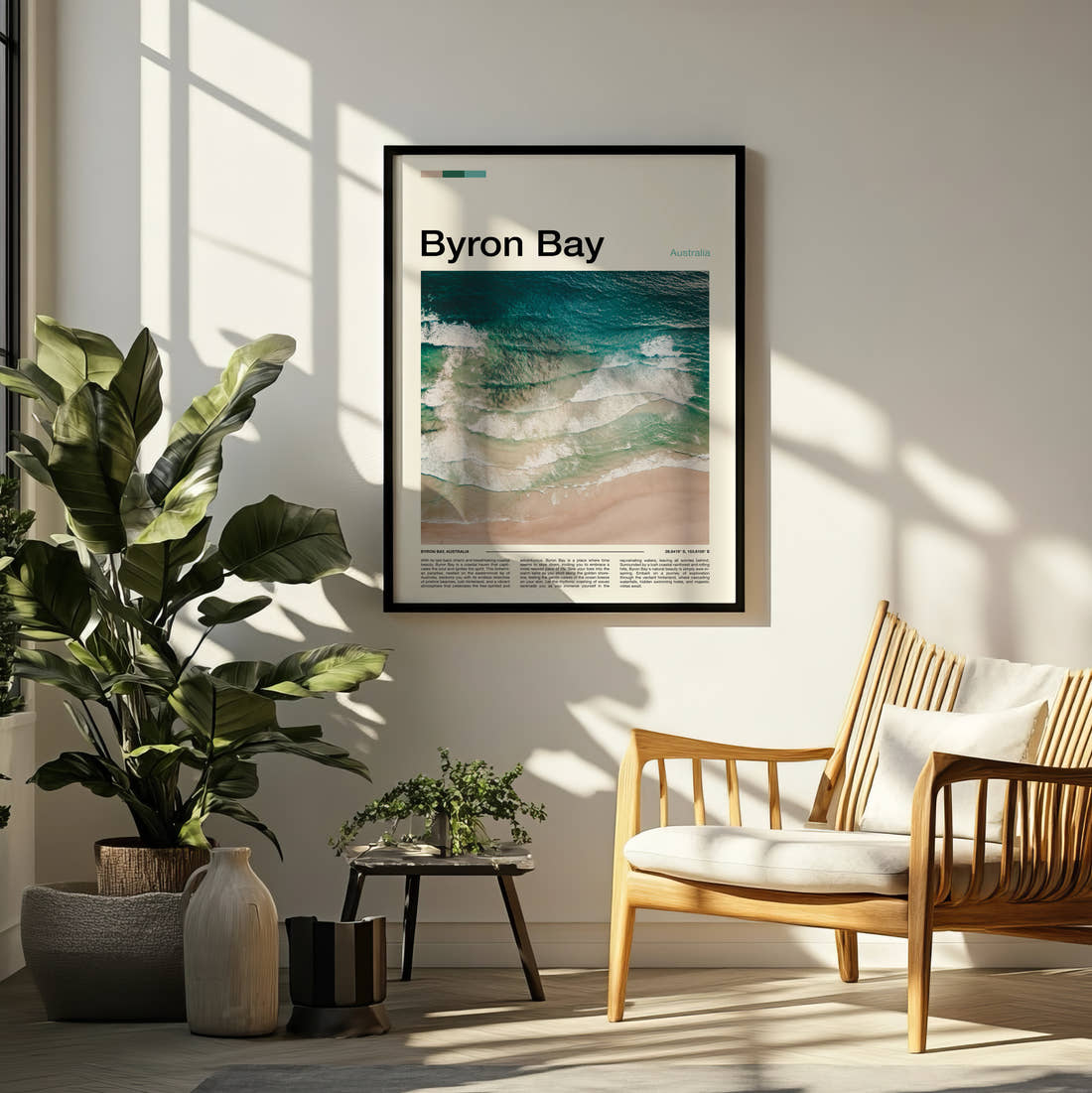 Byron Bay Waves On The Shore Travel Print framed on a pale wall beside houseplants