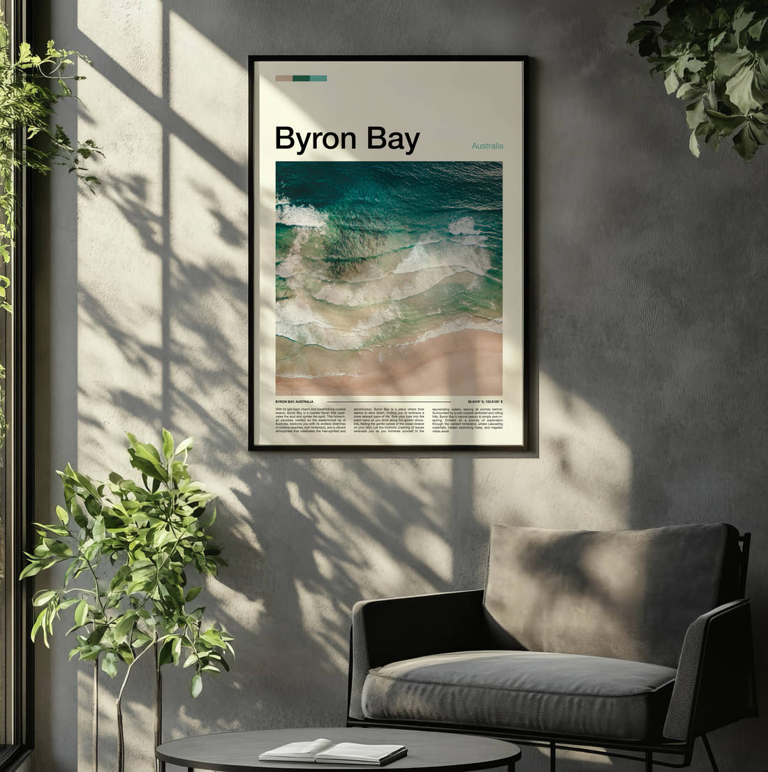 Byron Bay Waves On The Shore Travel Print framed on the wall of a relaxed living room