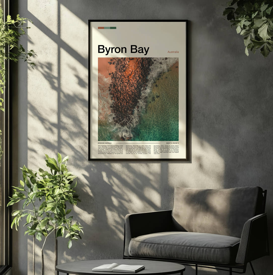 Byron Bay Rocky Reef From Above Travel Print framed on the wall of a relaxed living room