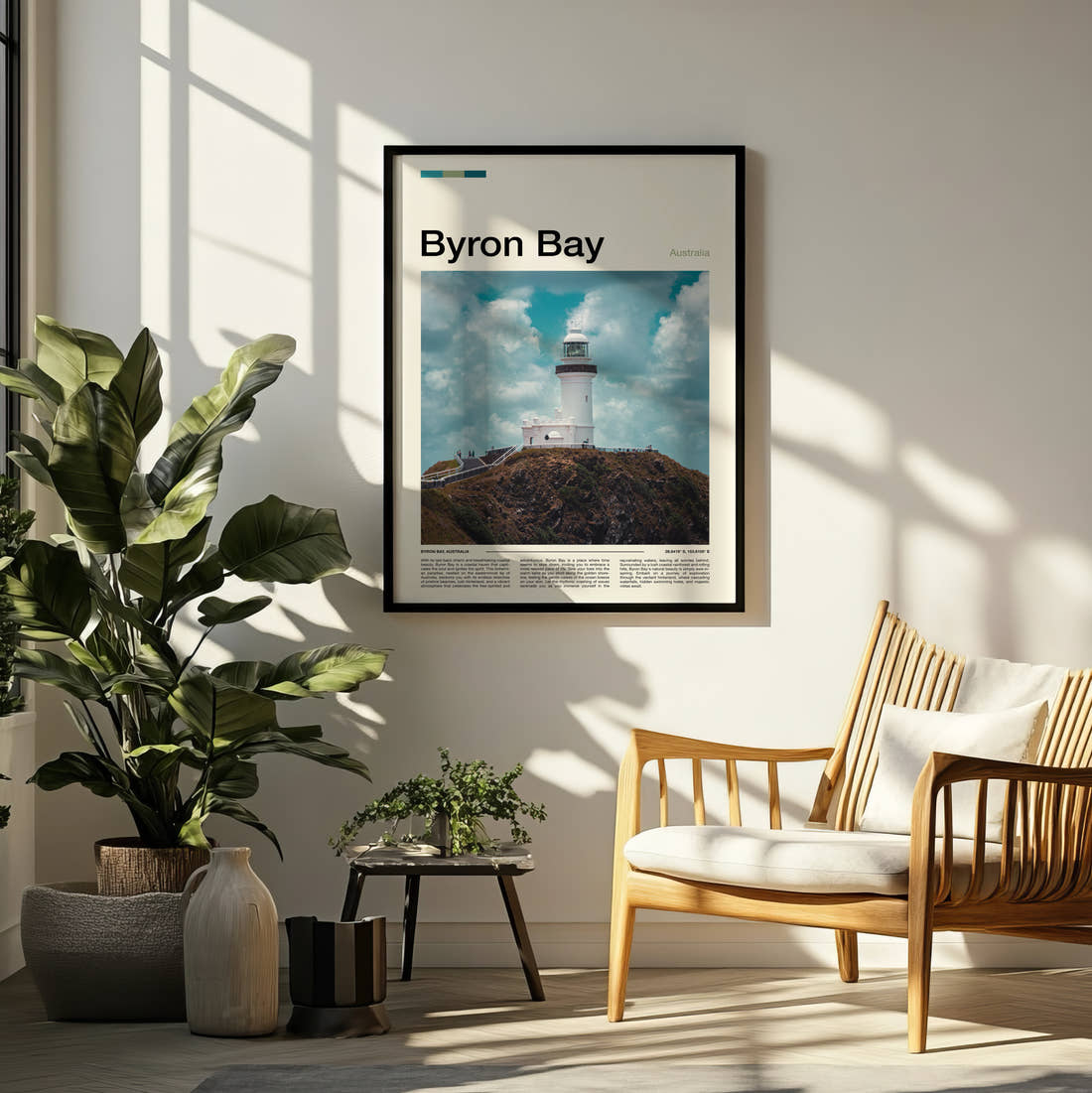 Byron Bay Clifftop Lighthouse Travel Print framed on a pale wall beside houseplants