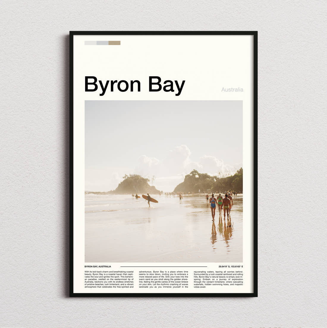 Byron Bay Surfers On The Beach Travel Print framed and photographed straight on