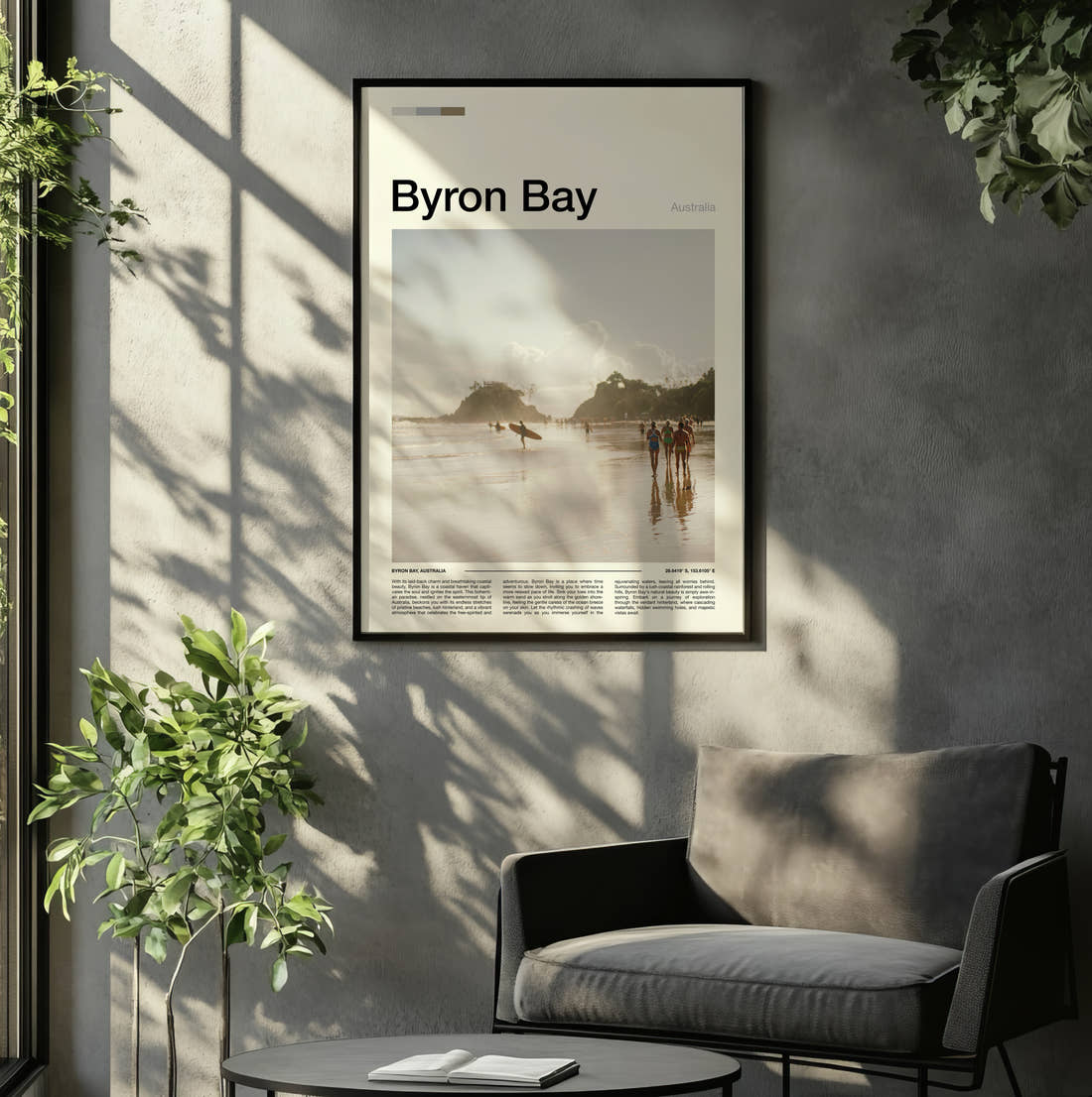 Byron Bay Surfers On The Beach Travel Print framed on the wall of a relaxed living room