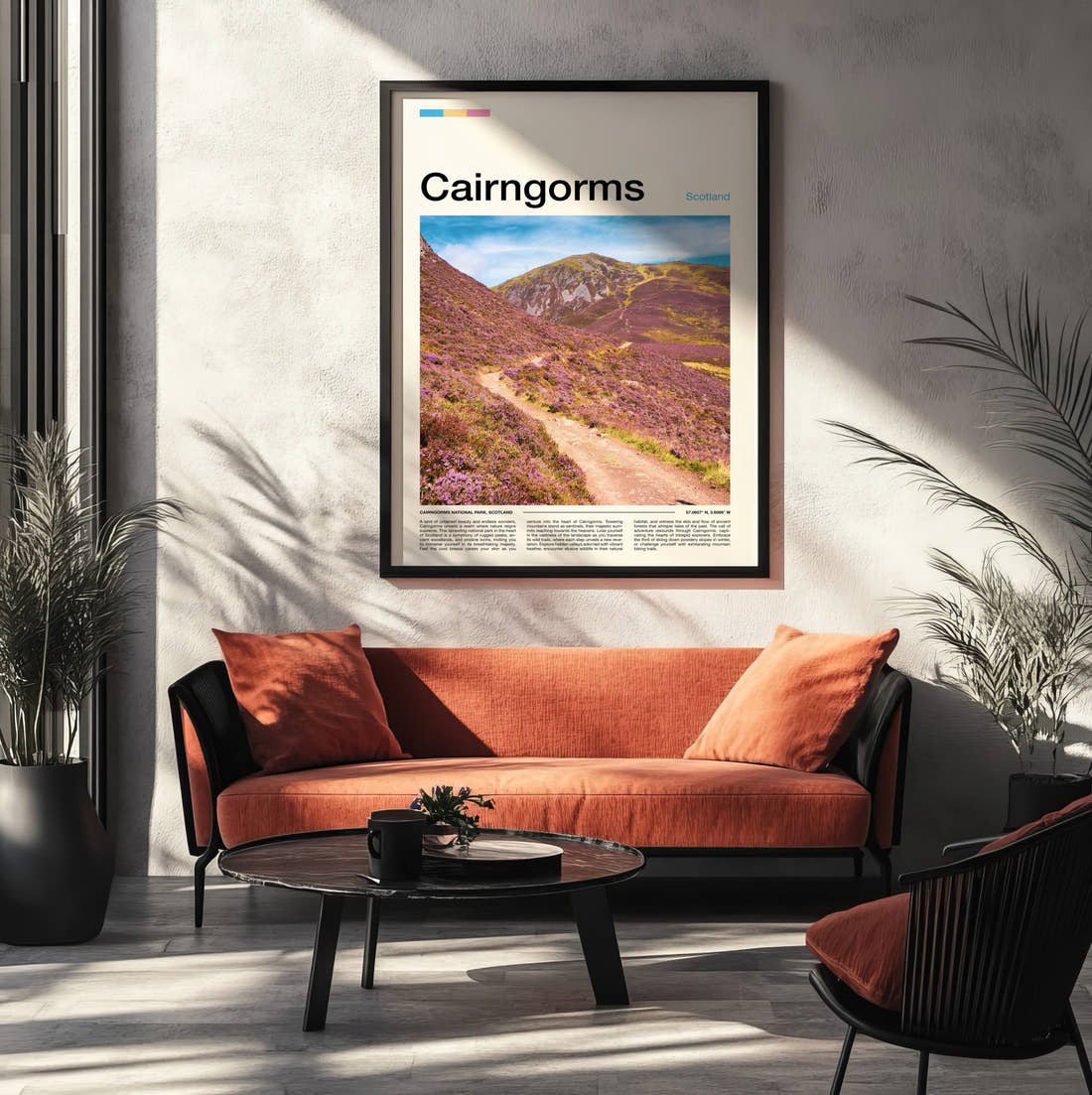 Cairngorms Purple Heather Hillside Travel Print framed on the wall of a modern living room