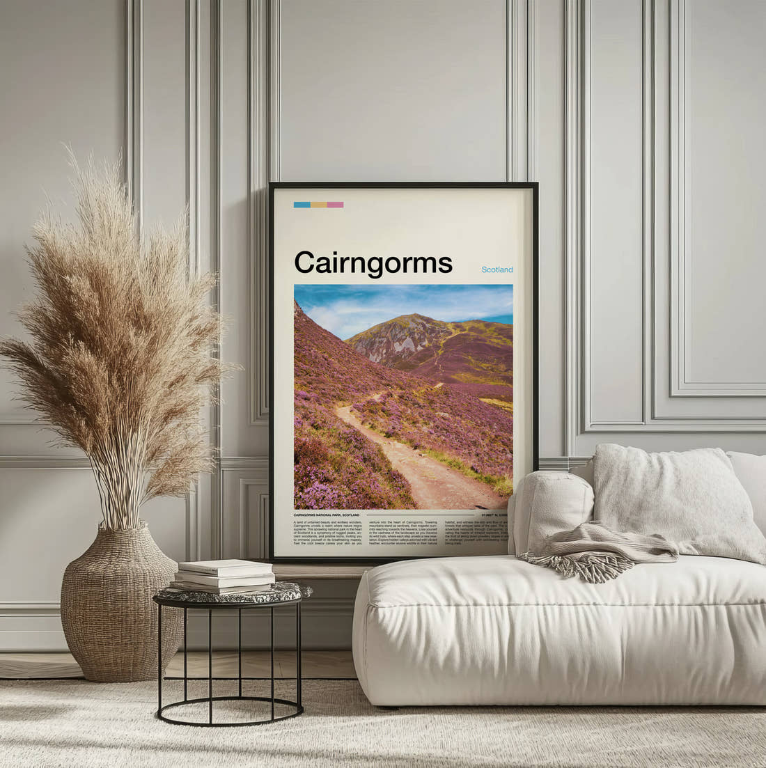 Cairngorms Purple Heather Hillside Travel Print framed on the wall of a calm, neutral bedroom