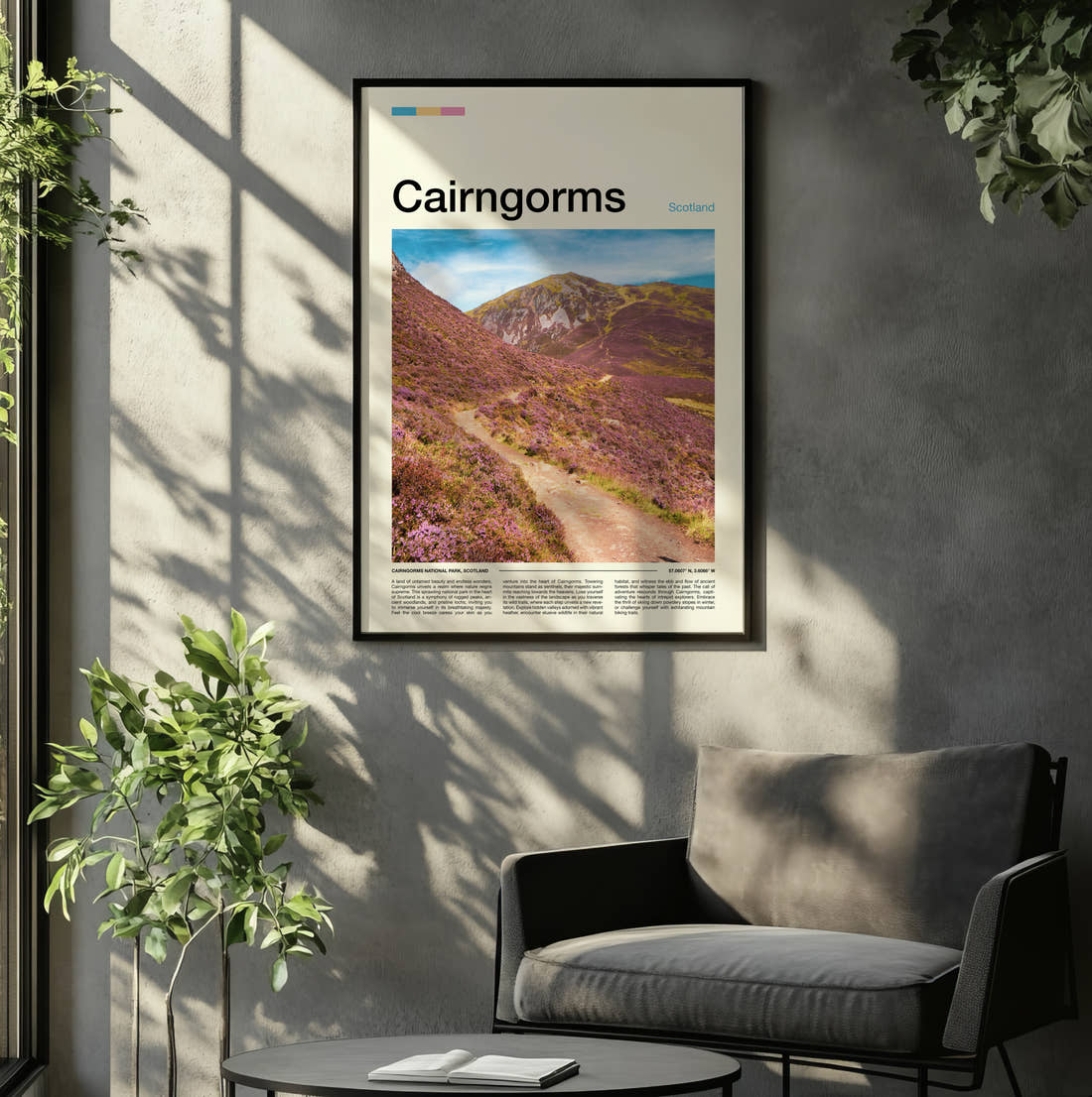 Cairngorms Purple Heather Hillside Travel Print framed on the wall of a relaxed living room