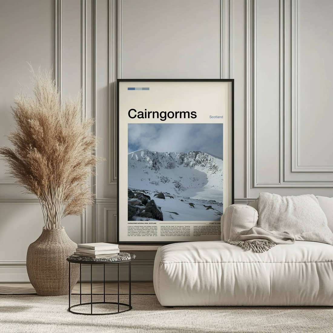 Cairngorms Snowy Mountains Travel Print framed on the wall of a calm, neutral bedroom