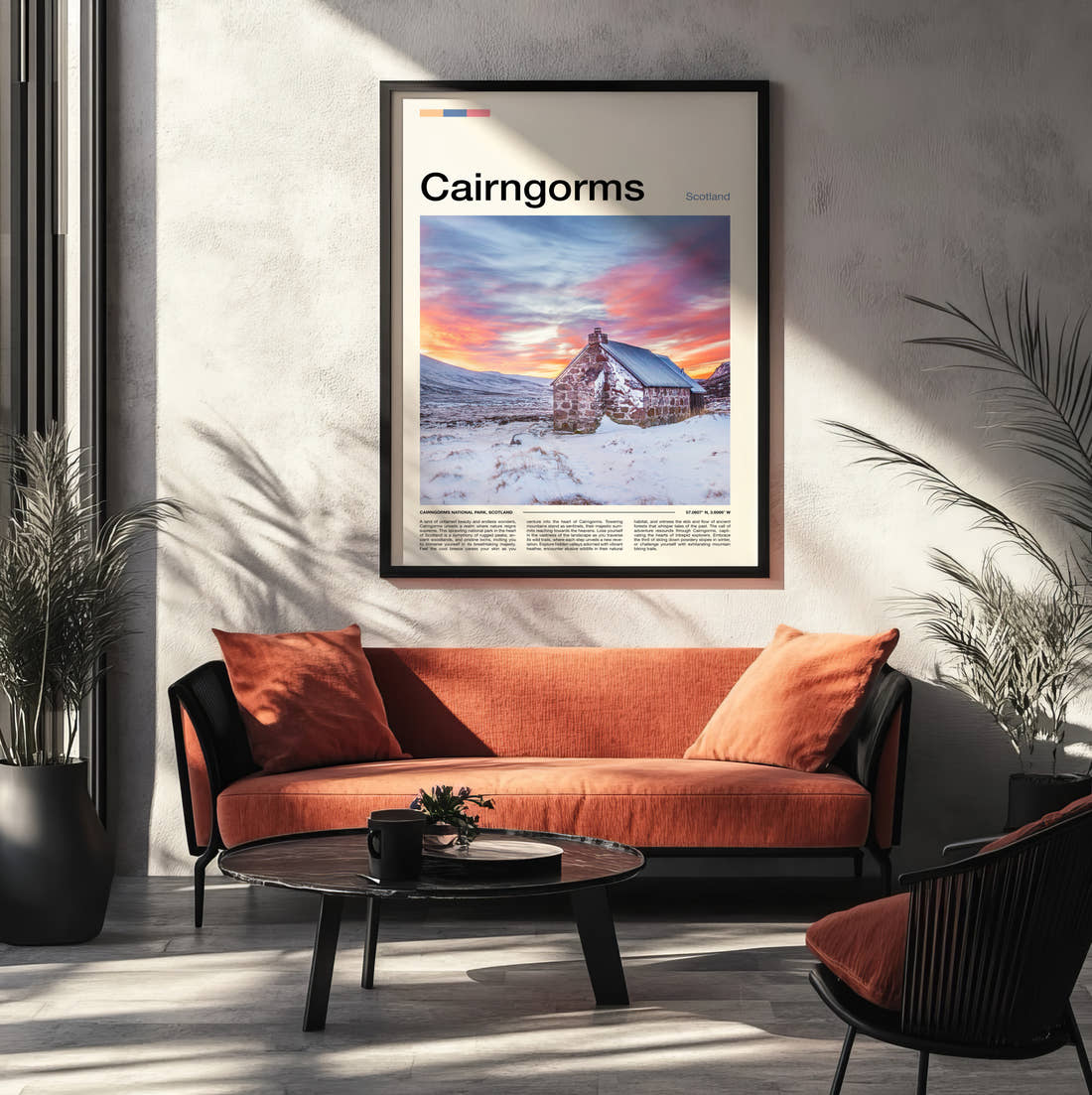Cairngorms Cottage In The Snow Travel Print framed on the wall of a modern living room