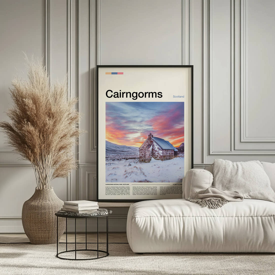 Cairngorms Cottage In The Snow Travel Print framed on the wall of a calm, neutral bedroom