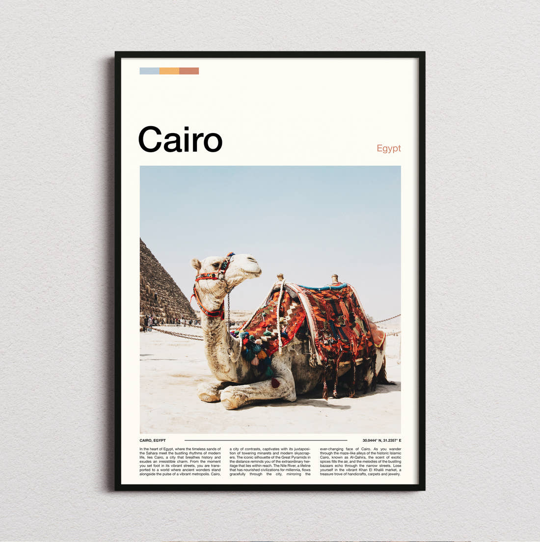 Cairo Camel And Pyramid Travel Print framed and photographed straight on