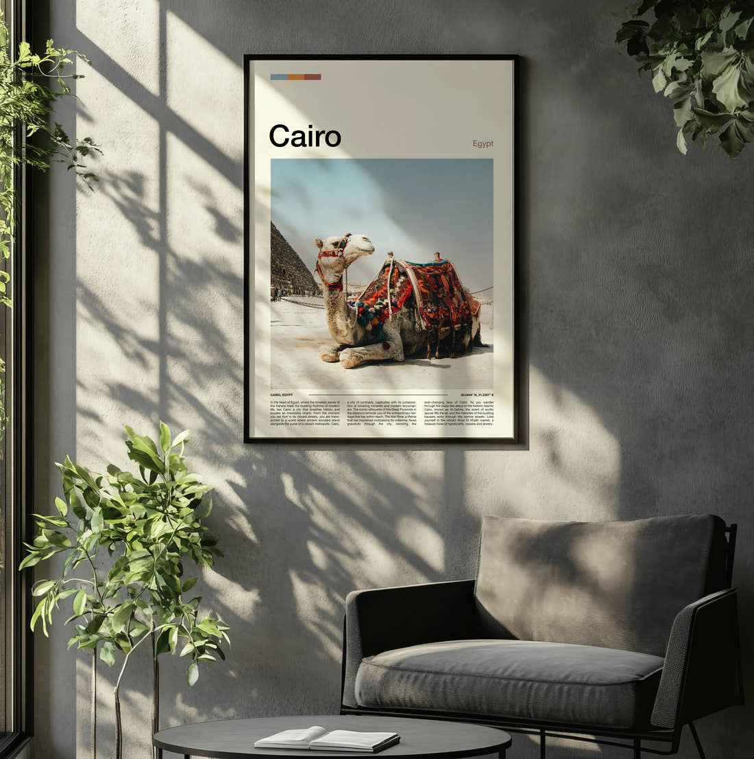 Cairo Camel And Pyramid Travel Print framed on the wall of a relaxed living room