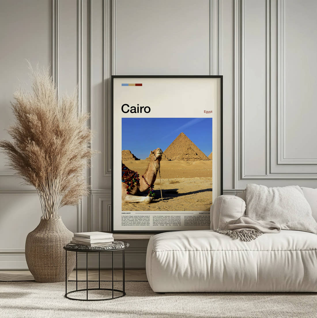 Cairo Camels And Pyramids Travel Print framed on the wall of a calm, neutral bedroom