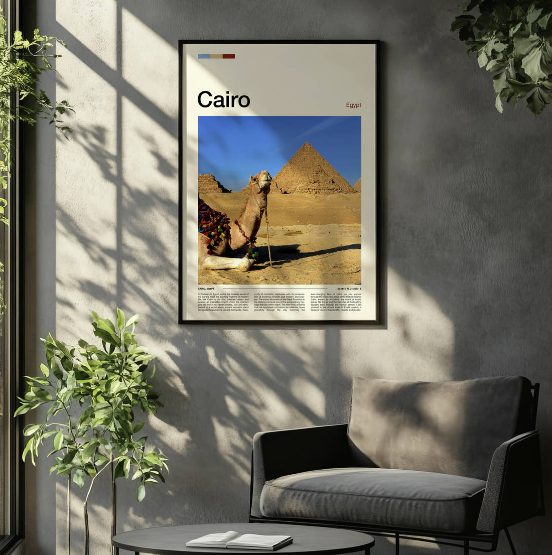 Cairo Camels And Pyramids Travel Print framed on the wall of a relaxed living room
