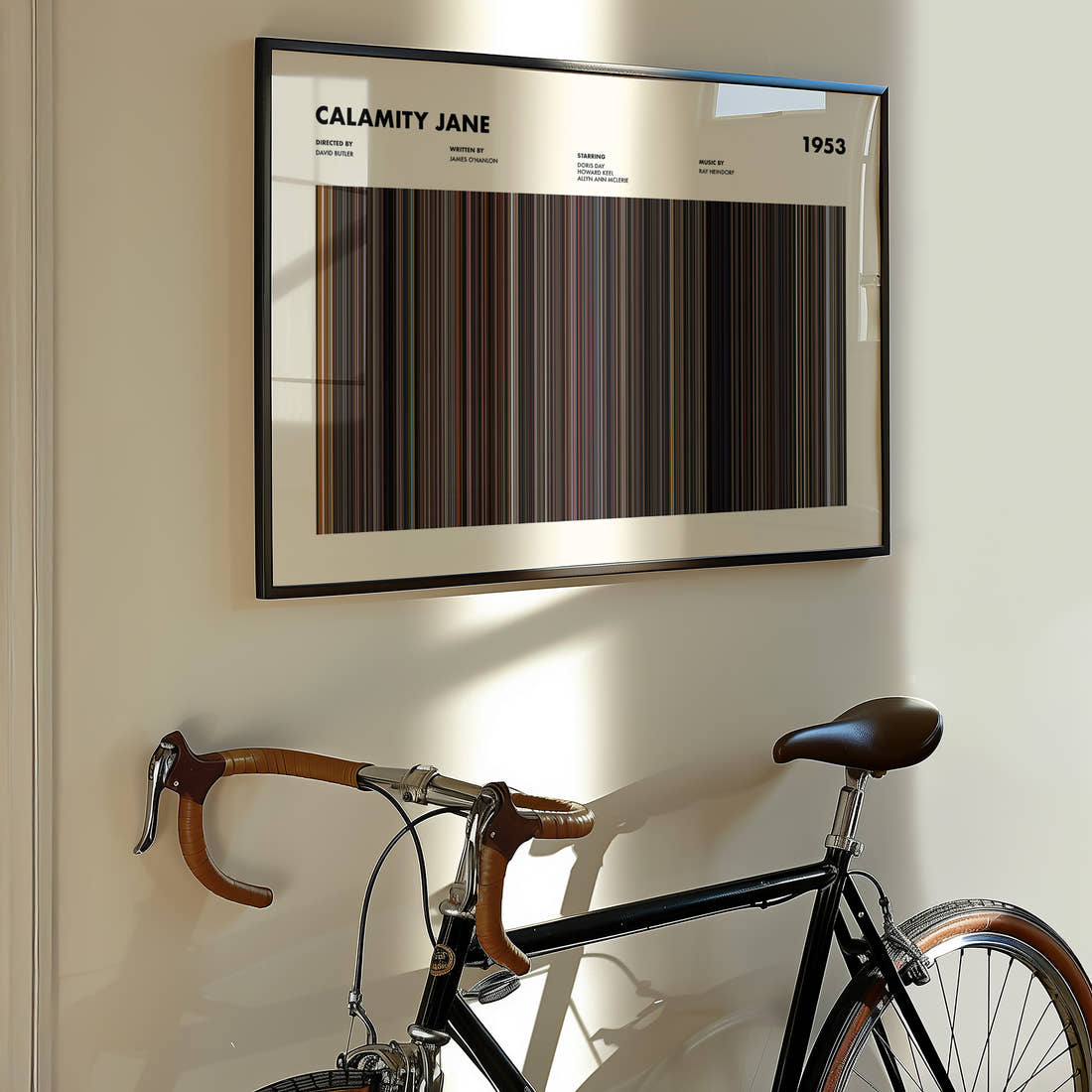 Calamity Jane Movie Barcode Poster framed on the wall of a styled room setting