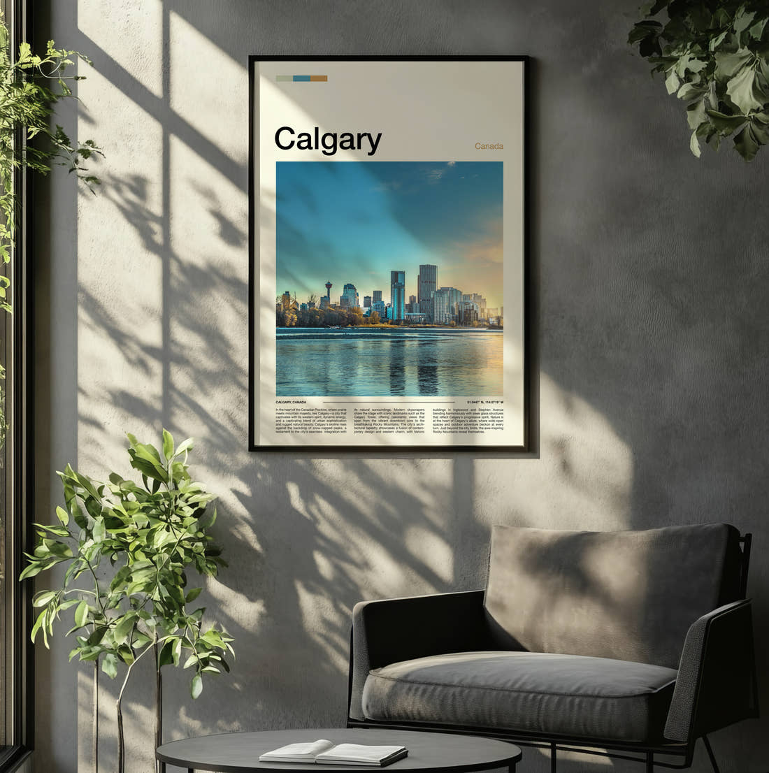 Calgary Skyline Across The River Travel Print framed on the wall of a relaxed living room