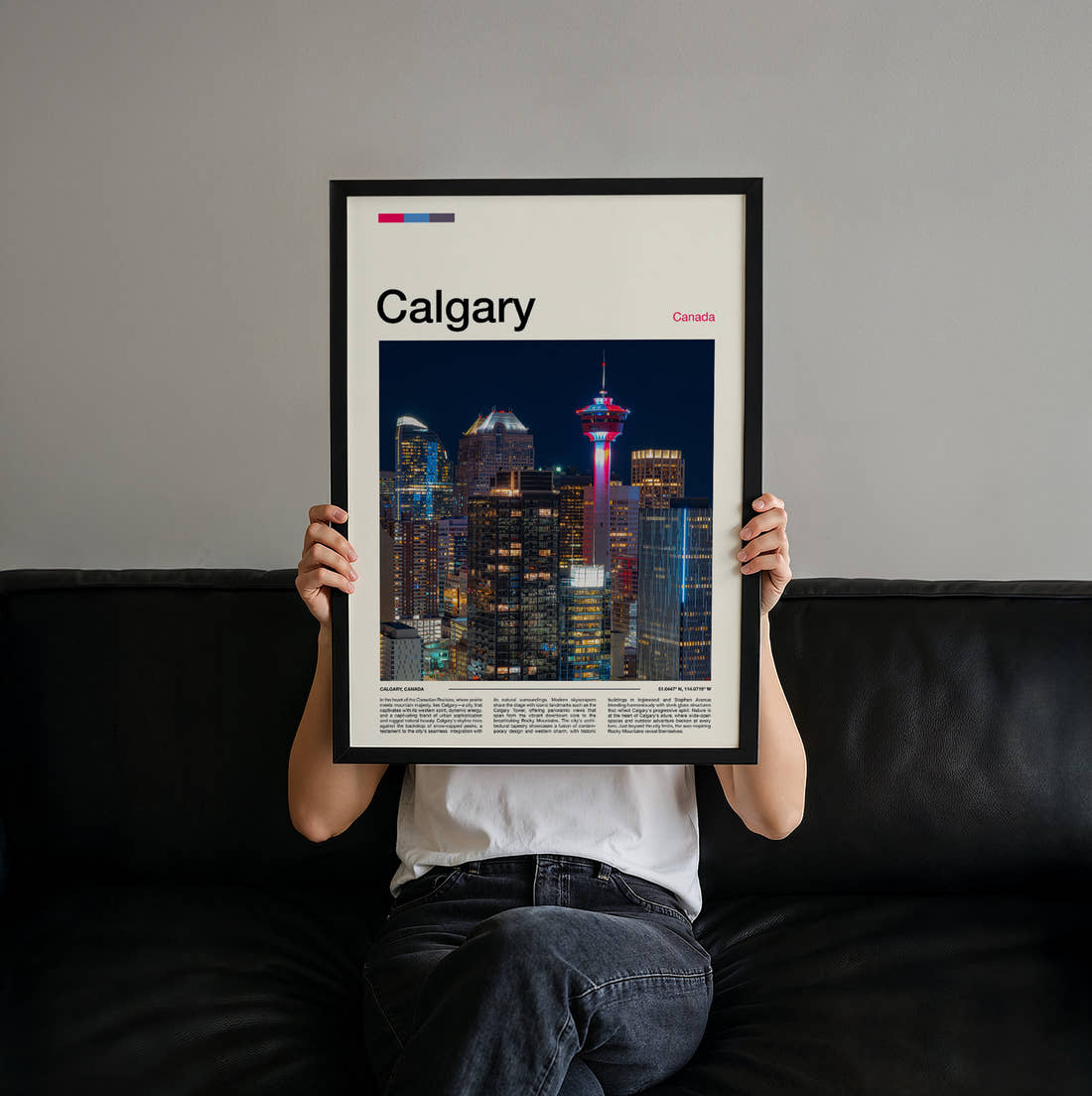 Calgary Night Skyline Travel Print held up by hand to show the size of the print
