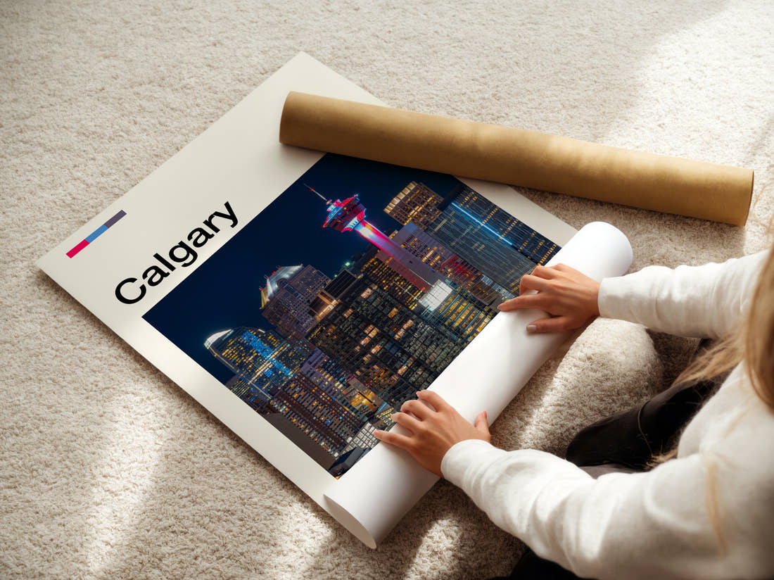 Calgary Night Skyline Travel Print being unrolled from its postal tube