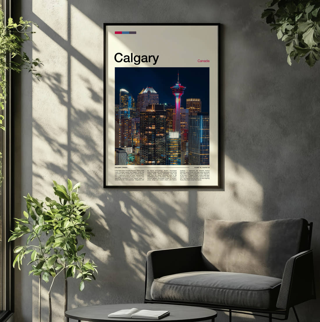 Calgary Night Skyline Travel Print framed on the wall of a relaxed living room