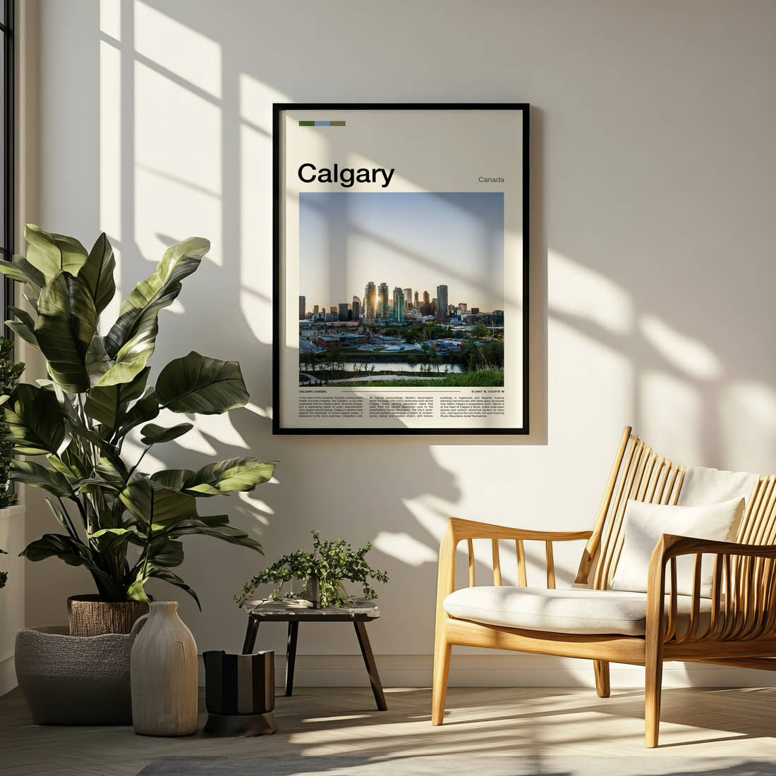 Calgary Distant Skyline Travel Print framed on a pale wall beside houseplants