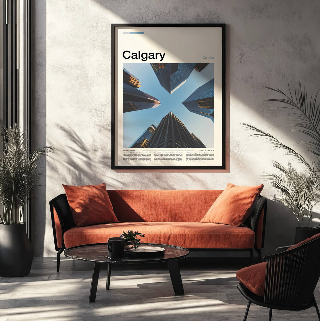 Calgary Skyscrapers From Below Travel Print framed on the wall of a modern living room
