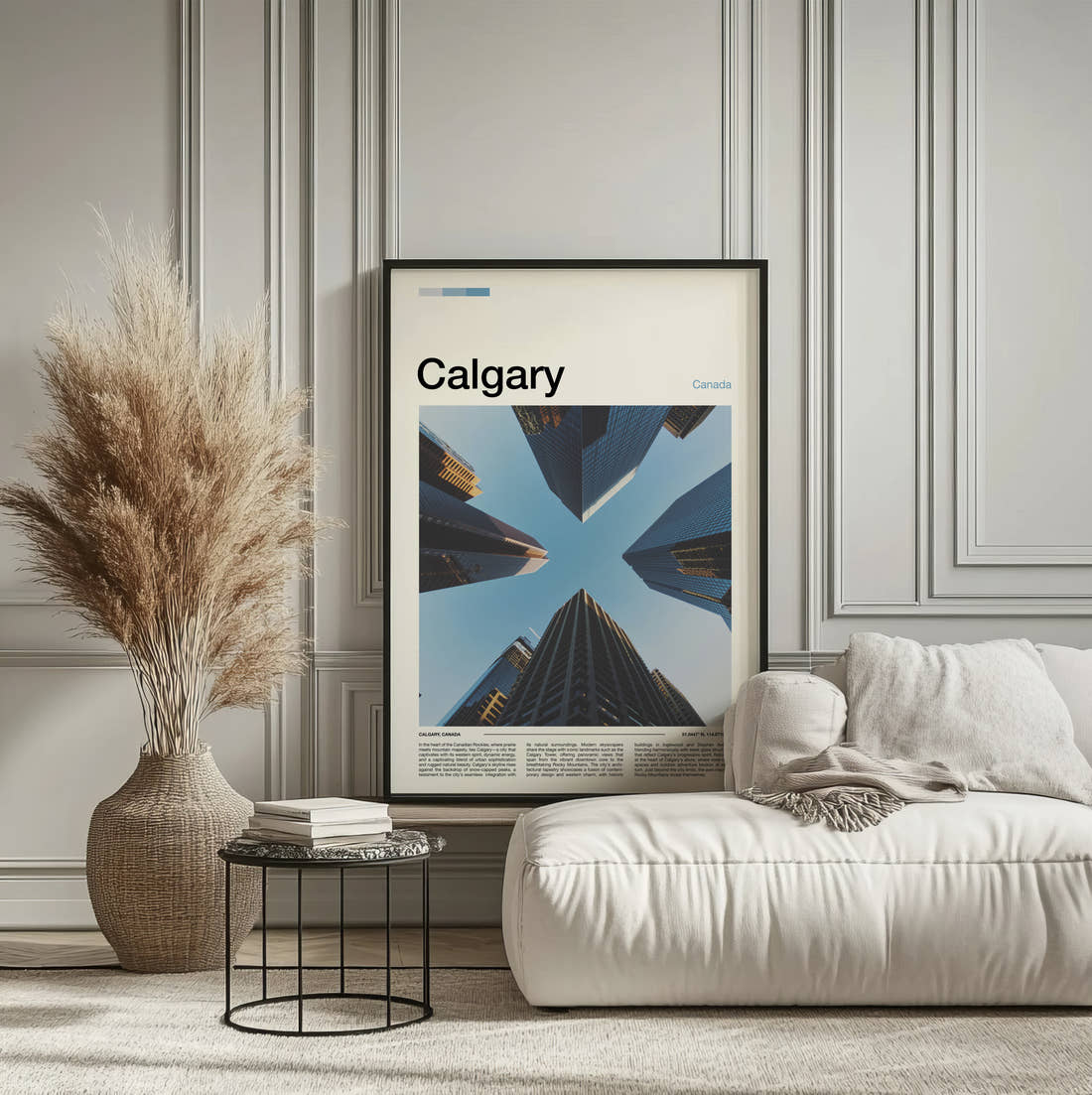 Calgary Skyscrapers From Below Travel Print framed on the wall of a calm, neutral bedroom