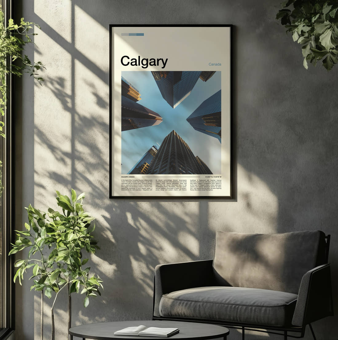 Calgary Skyscrapers From Below Travel Print framed on the wall of a relaxed living room