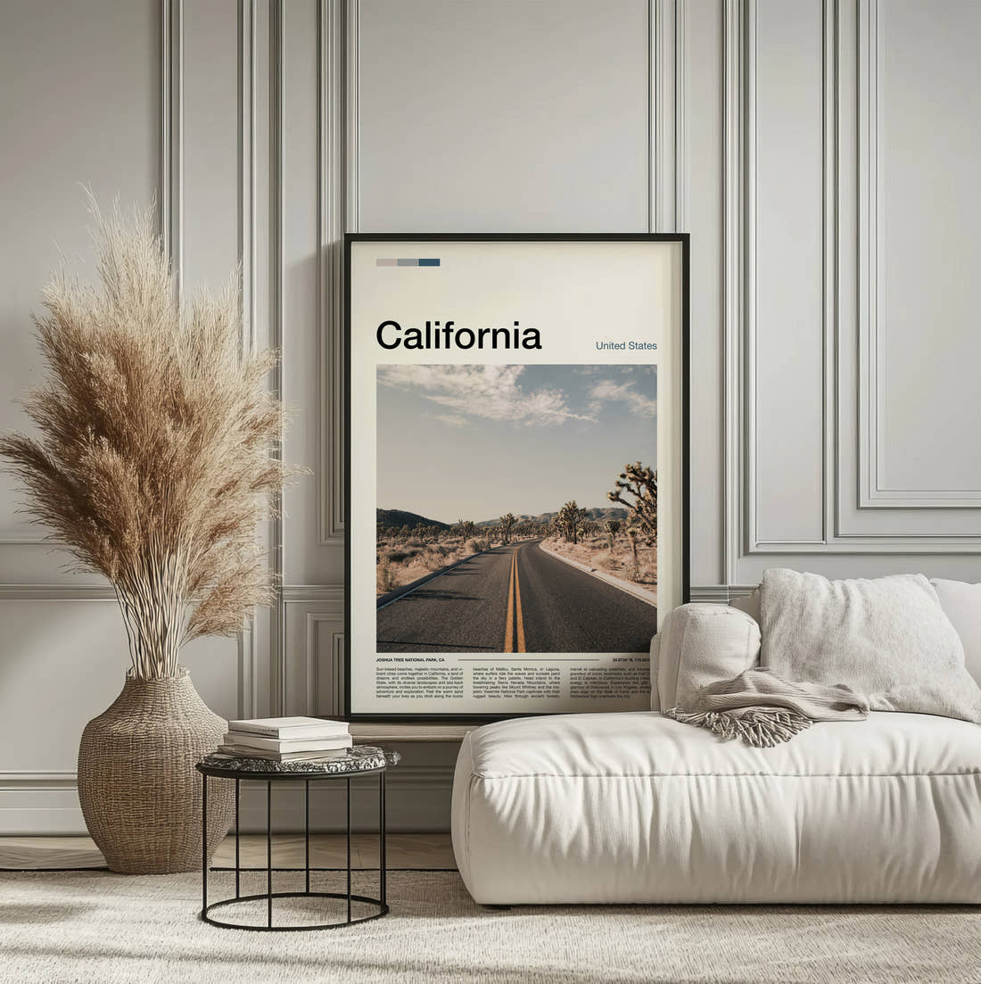 California Road Through Joshua Trees Travel Print framed on the wall of a calm, neutral bedroom