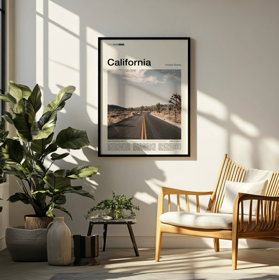 California Road Through Joshua Trees Travel Print framed on a pale wall beside houseplants