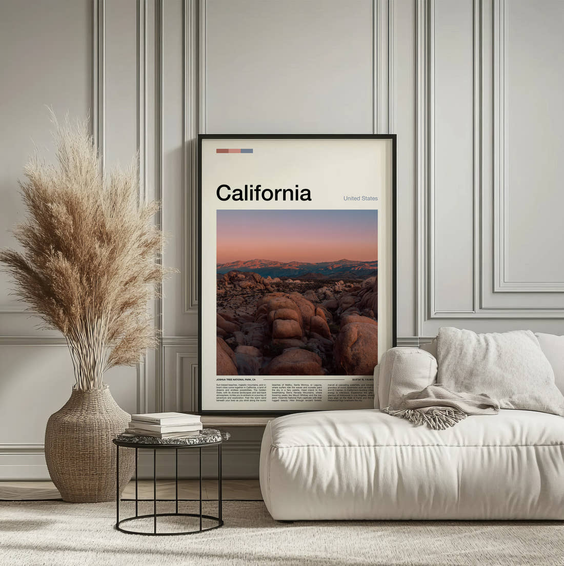 California Desert Boulders Travel Print framed on the wall of a calm, neutral bedroom